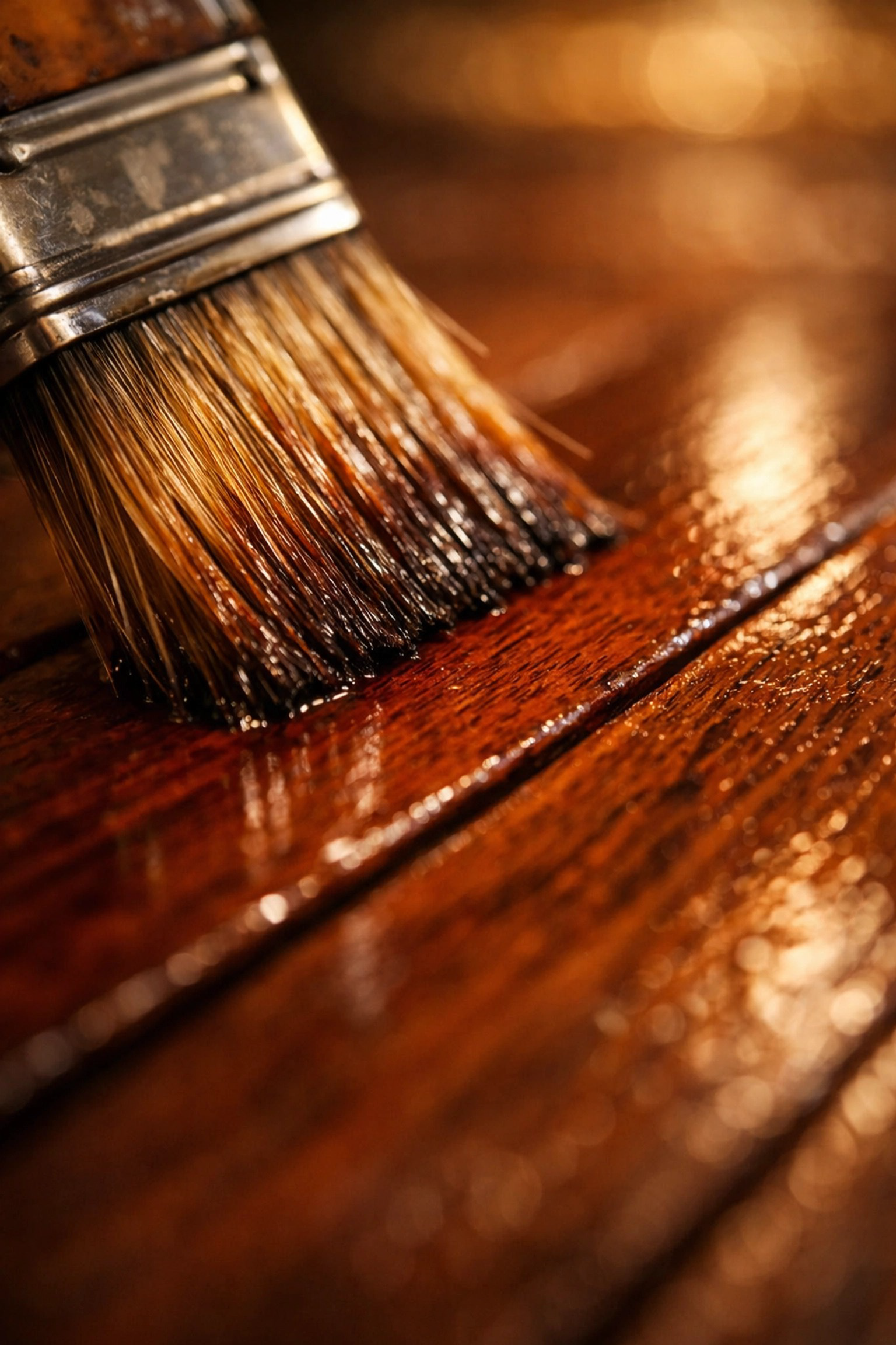 A close-up view of a paintbrush applying a glossy, dark wood stain to polished wooden planks. A close-up view of a paintbrush applying a glossy, dark wood stain to polished wooden planks.