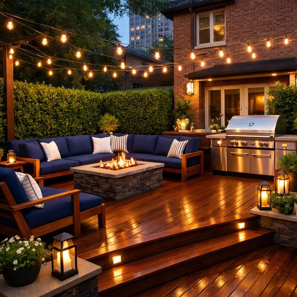 A cozy study with a brown leather armchair, a lamp, a bookshelf, and a window view of trees and buildings. A cozy backyard deck at night with a fire pit, navy blue lounge furniture, string lights, and a stainless steel grill.