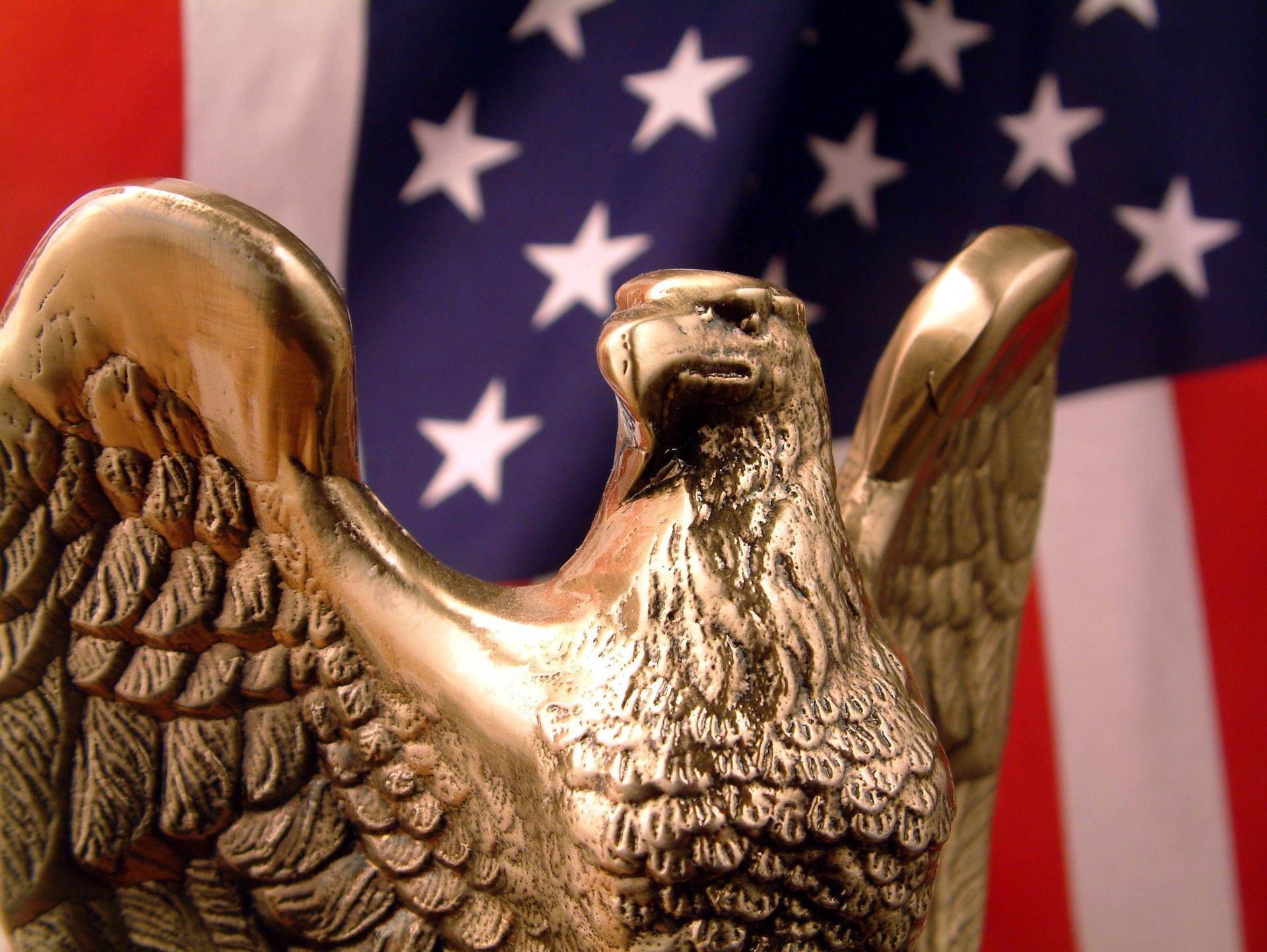 Bronze Eagle statue displayed prominently in front of an American Flag.
