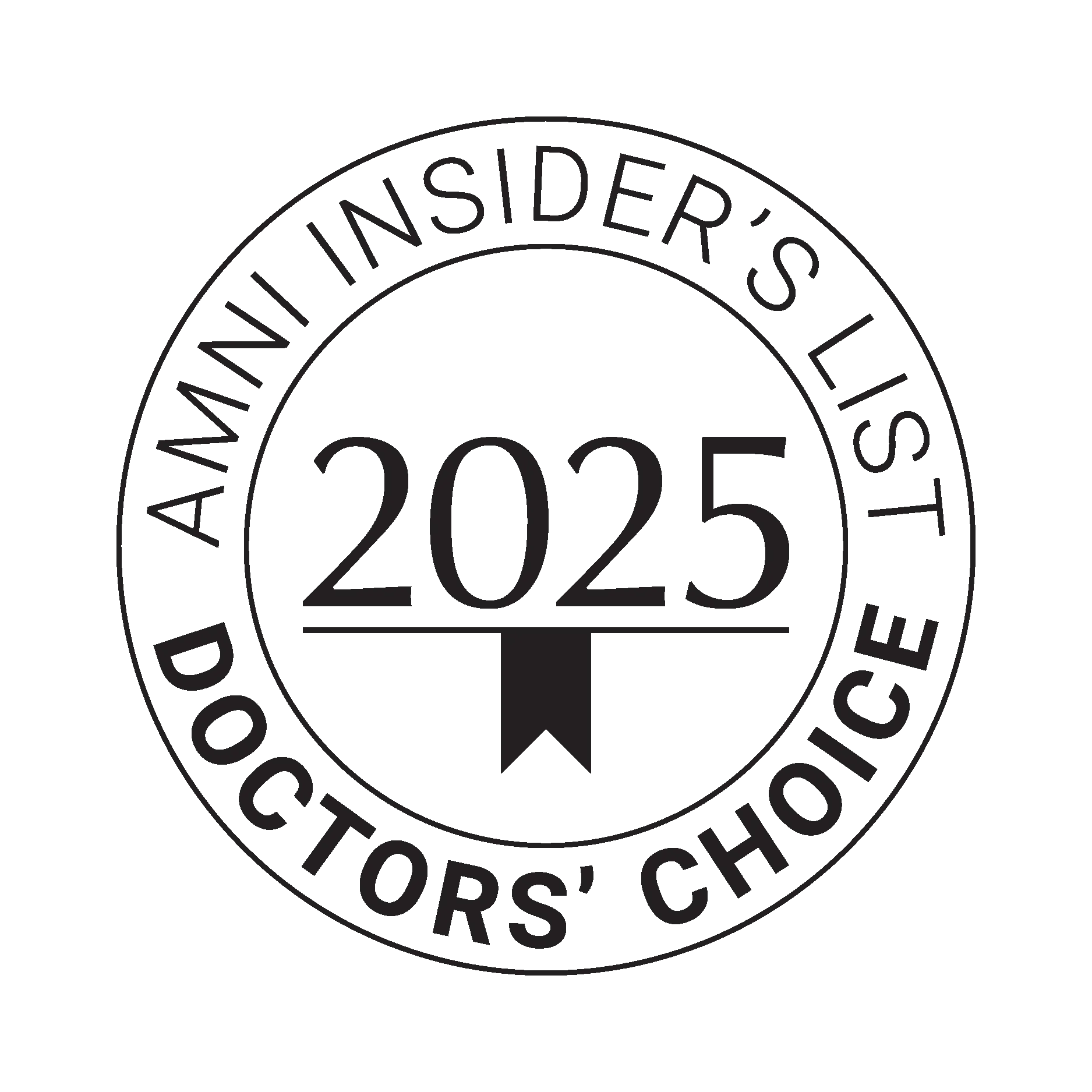 AMNI Insider's List 2024 Doctors' Choice award seal. White text and border, black ribbon.
