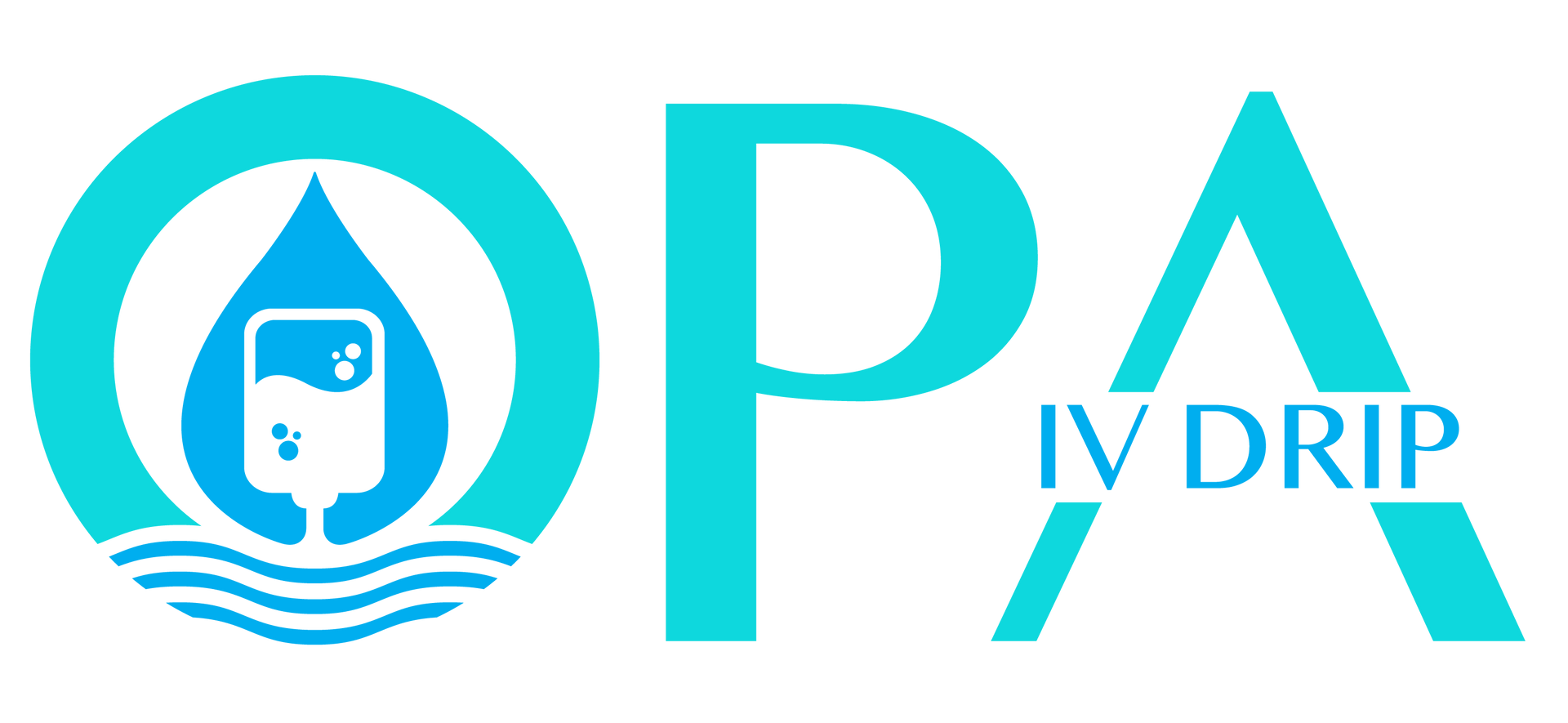 Logo of OPA IV DRIP in turquoise. The O has a water droplet with IV bag inside.