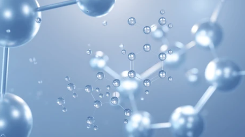 Molecular structure of connected spheres in shades of blue.