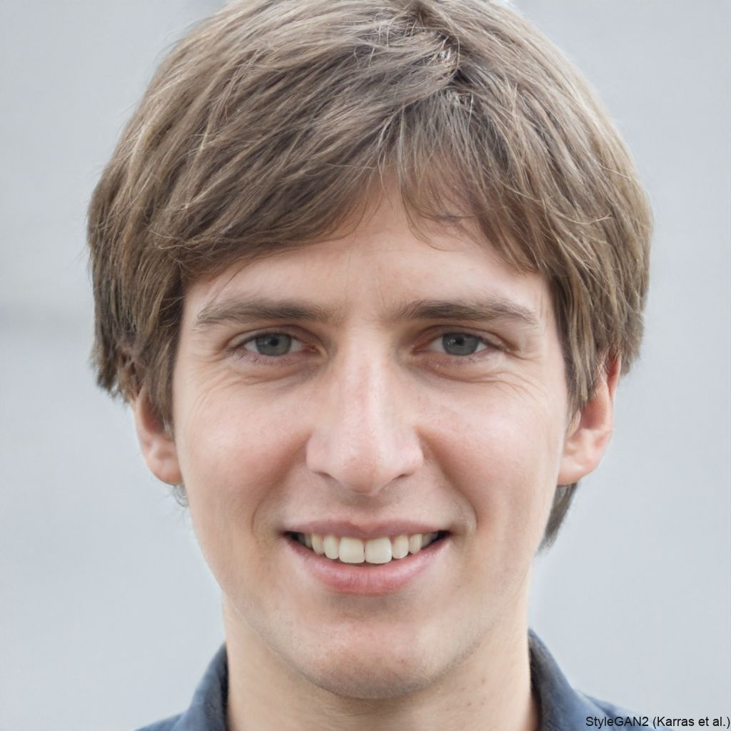 Smiling person with light brown hair and blue eyes, wearing a blue shirt, against a blurred background.