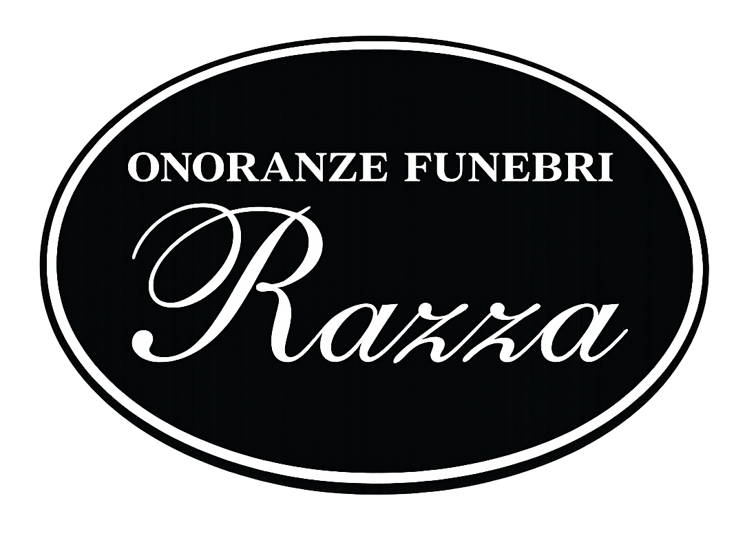 Oval black-and-white logo reading “ONORANZE FUNEBRI Razza” in elegant script