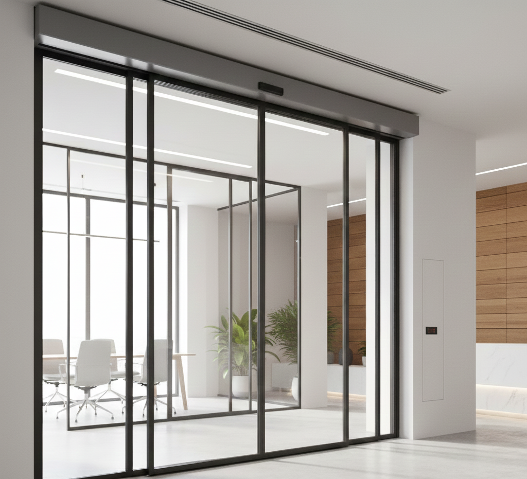 Porte scorrevoli automatiche in vetro che conducono a un ufficio con sedie, tavolo e piante.