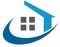 Sagoma di casa blu con finestra grigia e logo blu.