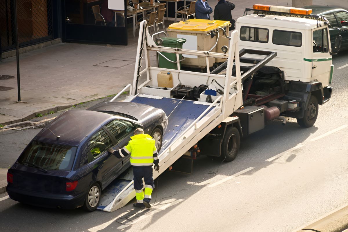 A Tow Truck Is Pulling A Vehicle From The Shoulder Of The Road — Big Tim's Towing in New Lambton, NSW
