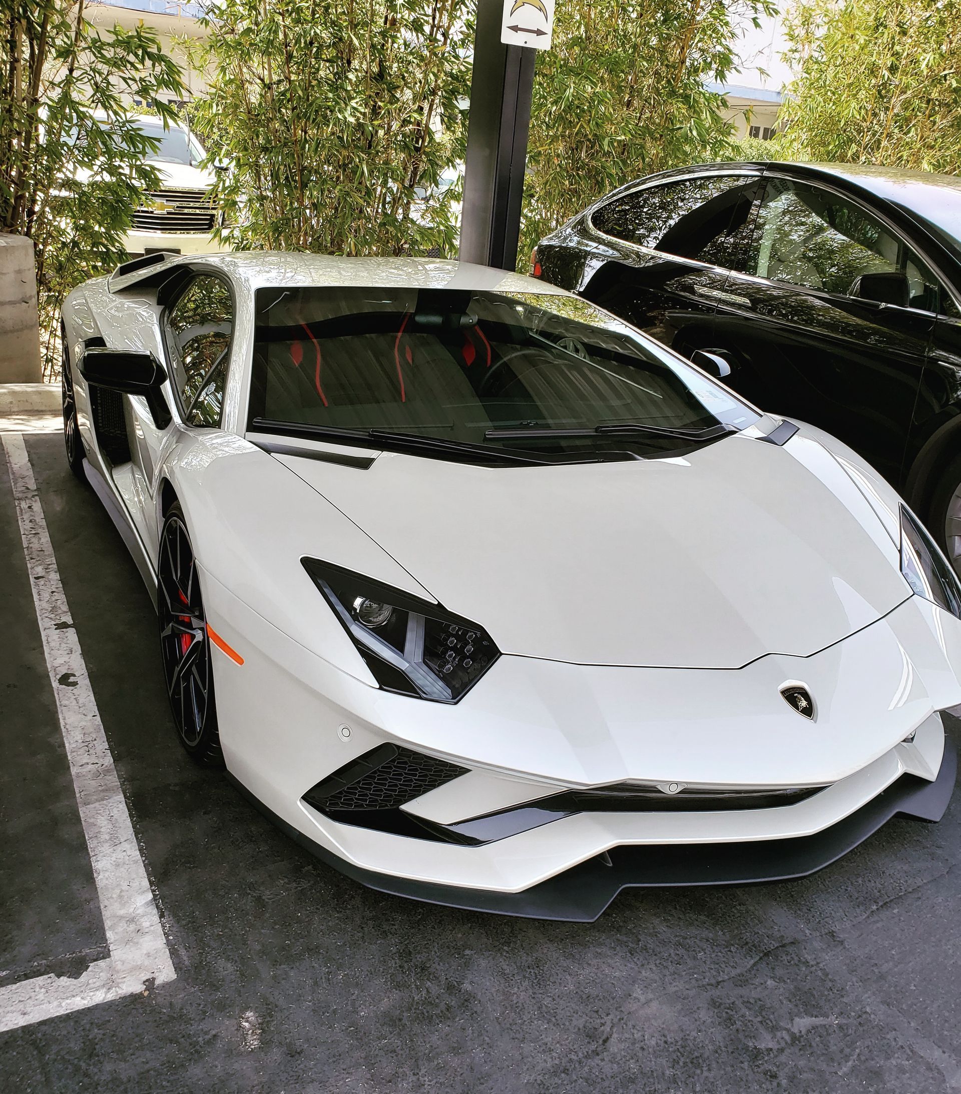 A white lamborghini aventador is parked in a parking lot