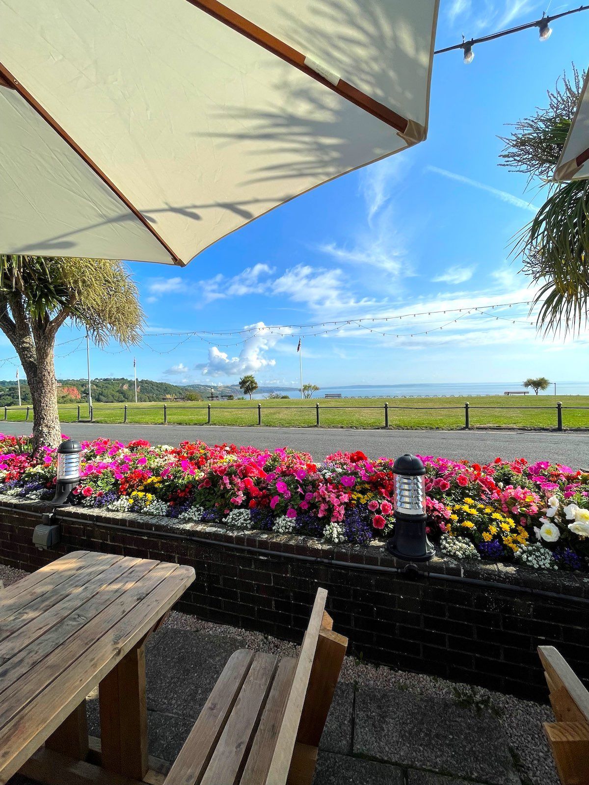 A table and chairs under an umbrella with flowers in the background