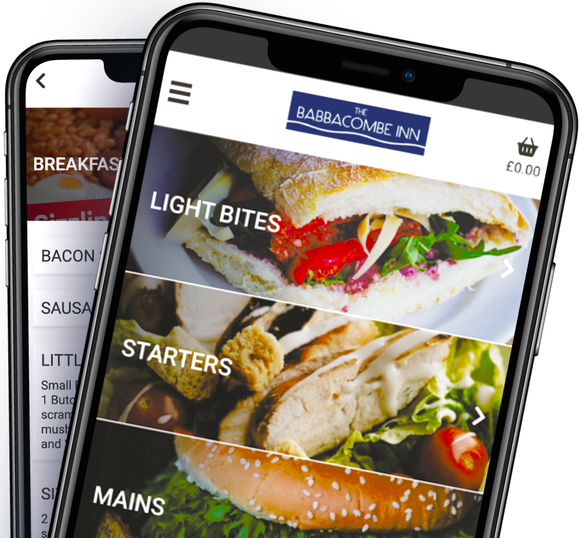 Two cell phones display a menu for the barracombe inn