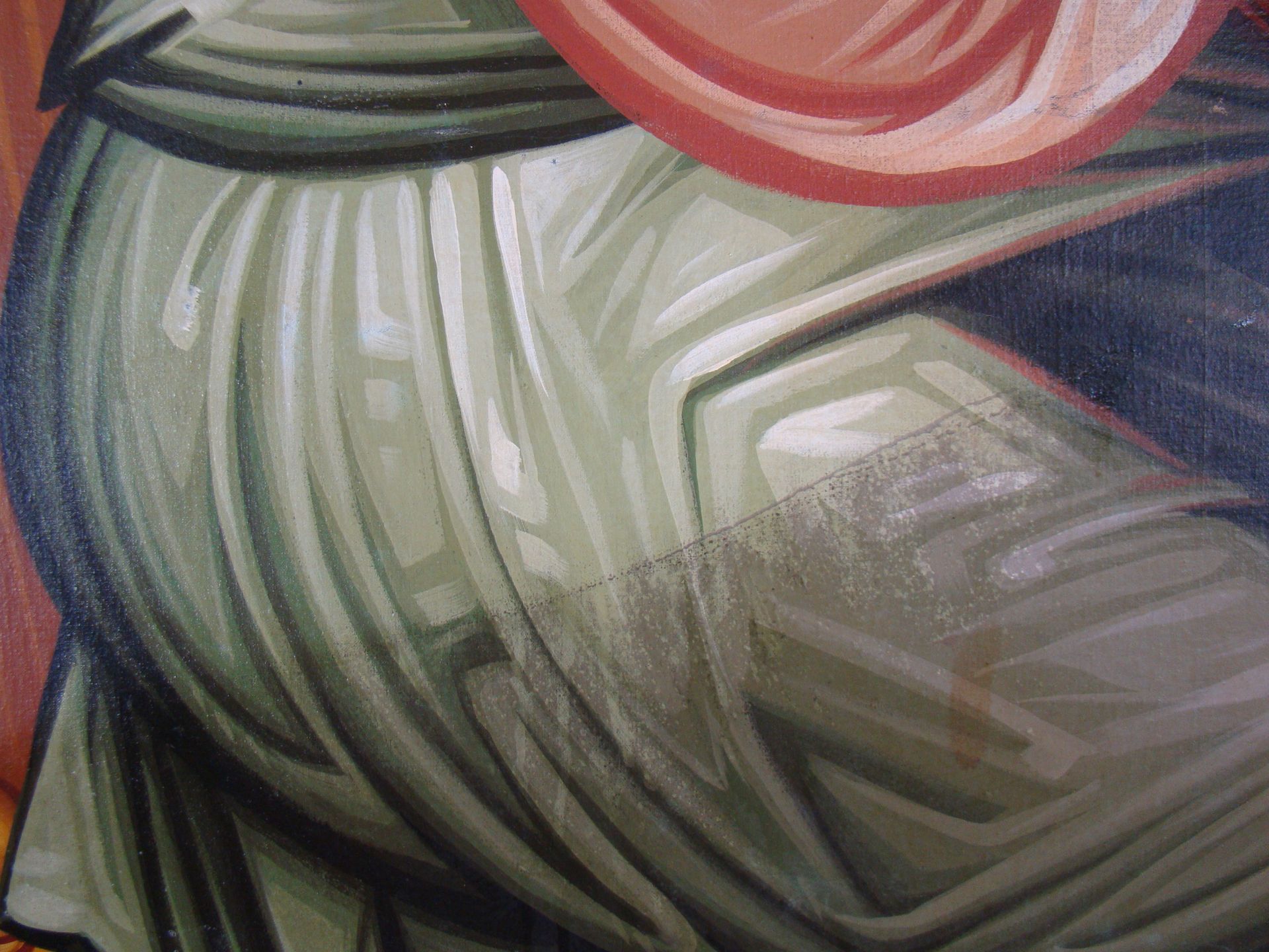 A close up of a painting of a woman in a green dress.