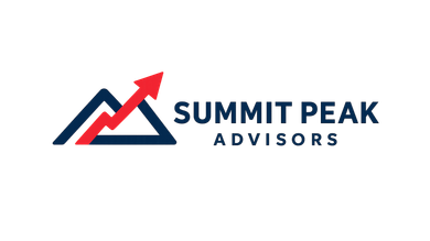 Logo of Summit Peak Advisors: Mountain peak graphic with a rising red arrow, navy and gray colors.