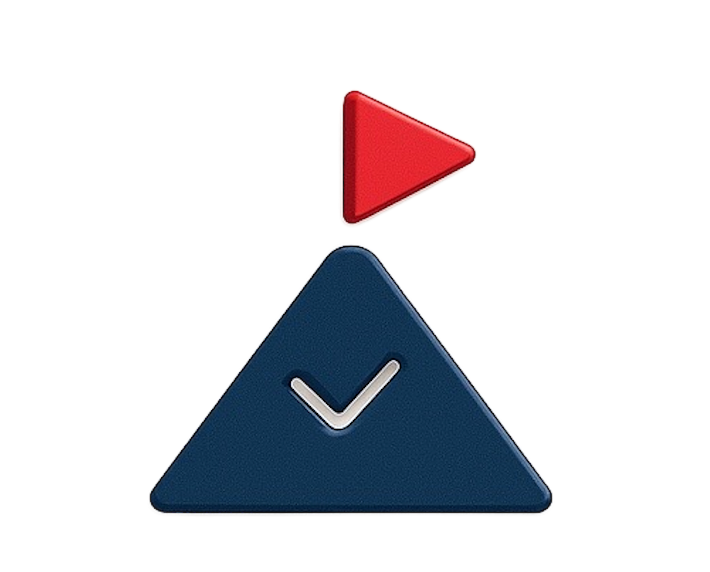 Red play icon above a blue triangle with a checkmark inside.