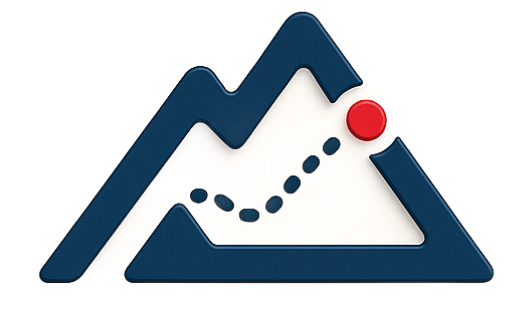 Dark blue mountain logo with a dotted path leading to a red dot.