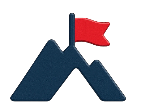 Blue mountain peaks with a red flag at the summit, signifying achievement.