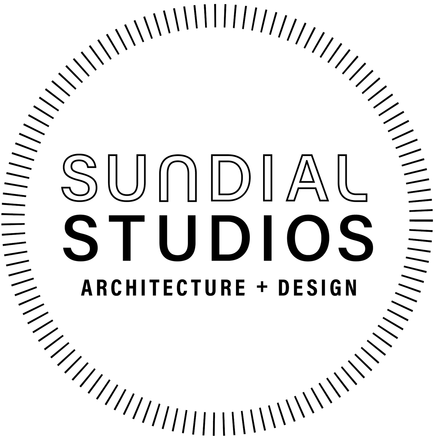 A black and white logo for sundial studios architecture + design.