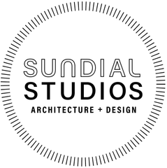 A black and white logo for sundial studios architecture + design.