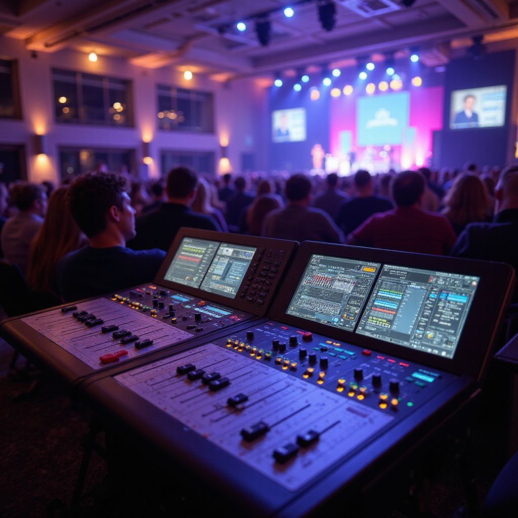 A sound engineer operates a digital mixing console in the back of a brightly lit event hall filled with an audience.
