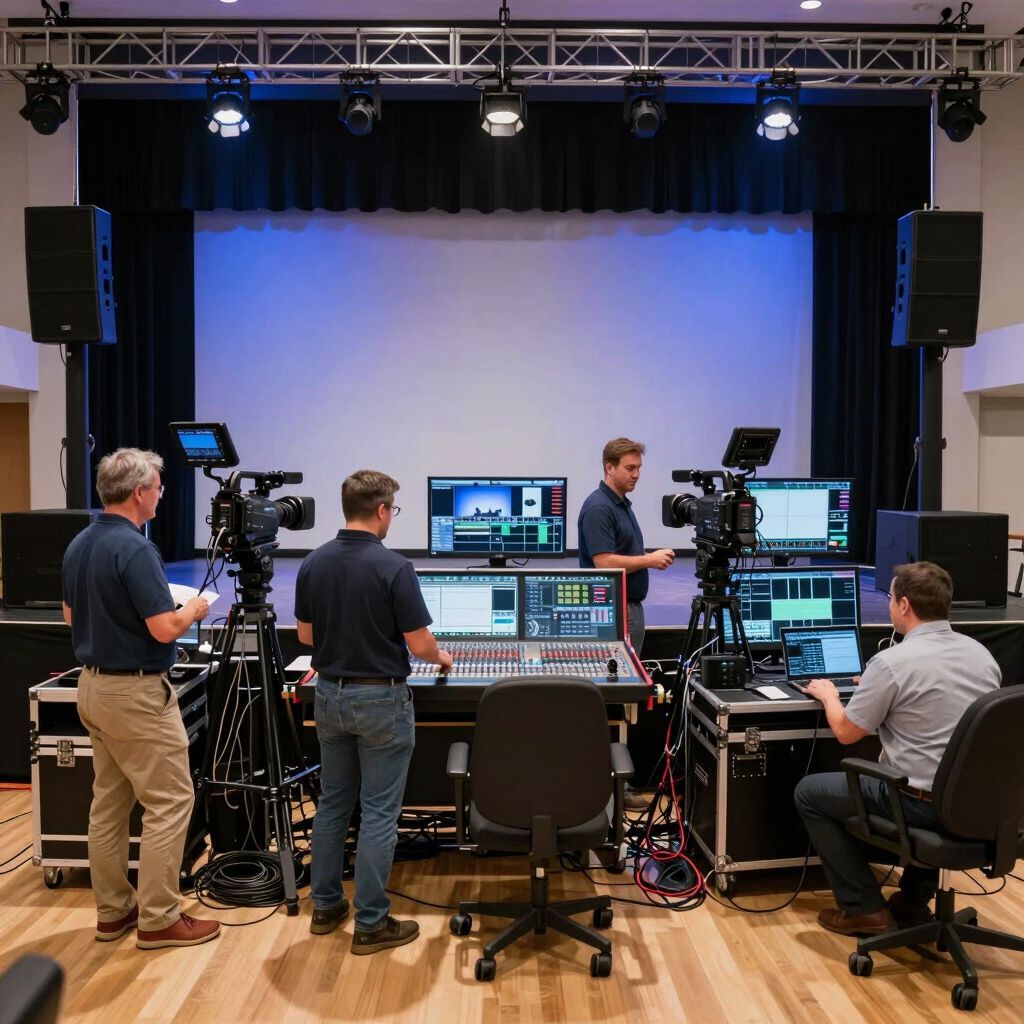Three people work at a technical production station with cameras and monitors in an auditorium with a stage and screen.