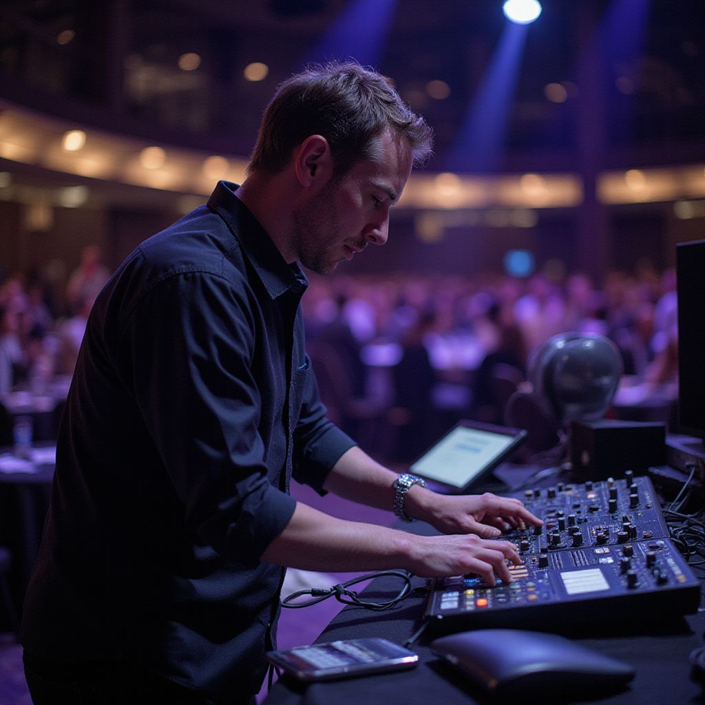 A person in a dark shirt adjusts a digital audio mixing console at a concert, viewed from the side in a dim, purple space.