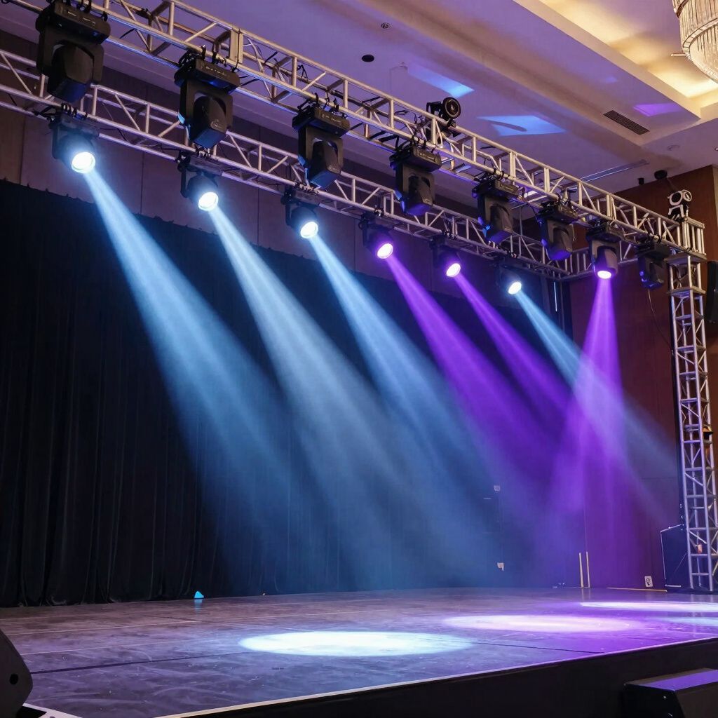 Stage lights on a metal truss shining blue and purple beams onto a dark wooden stage floor.