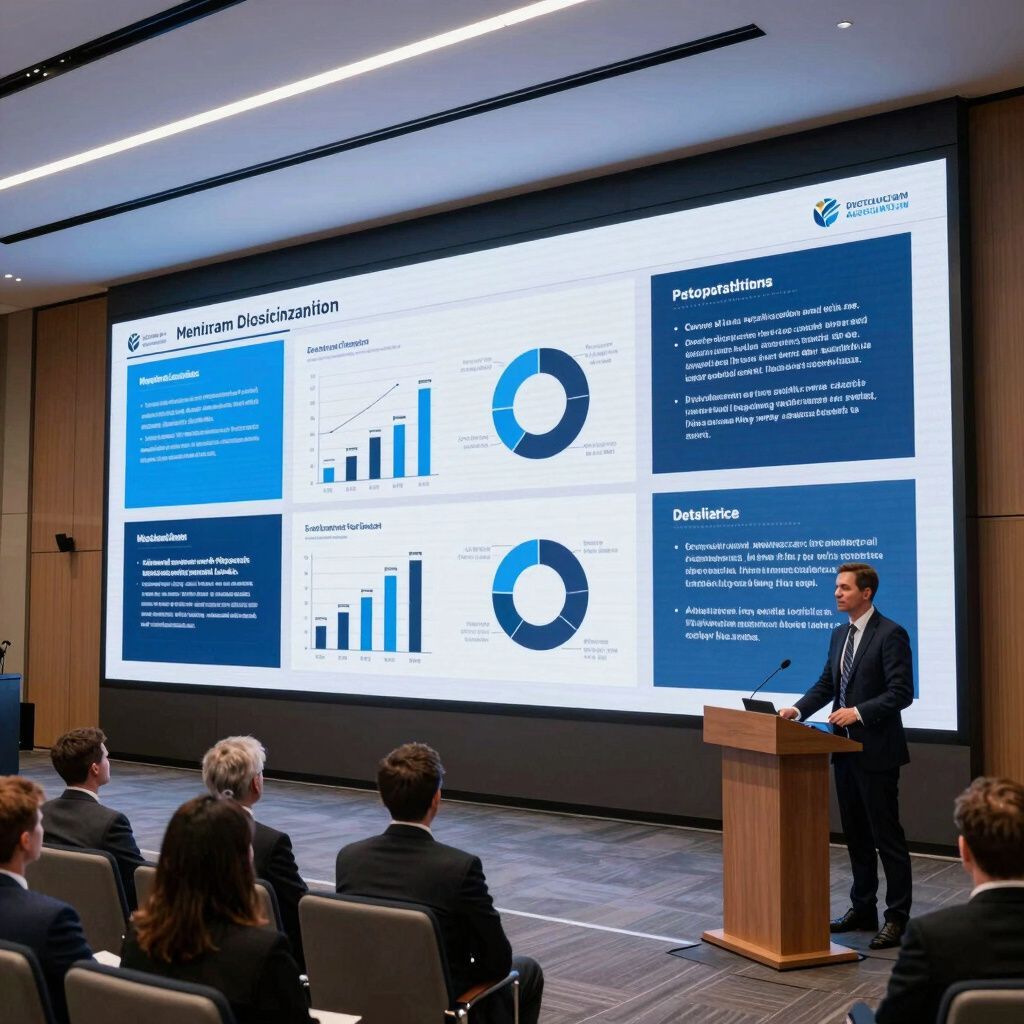 A presenter speaks to an audience in a conference room, using a large screen displaying charts and business metrics.