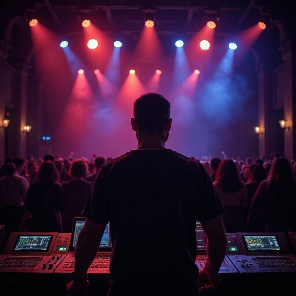 A person stands at a lighting control desk, overlooking a crowd in a concert hall illuminated by red and blue stage lights.