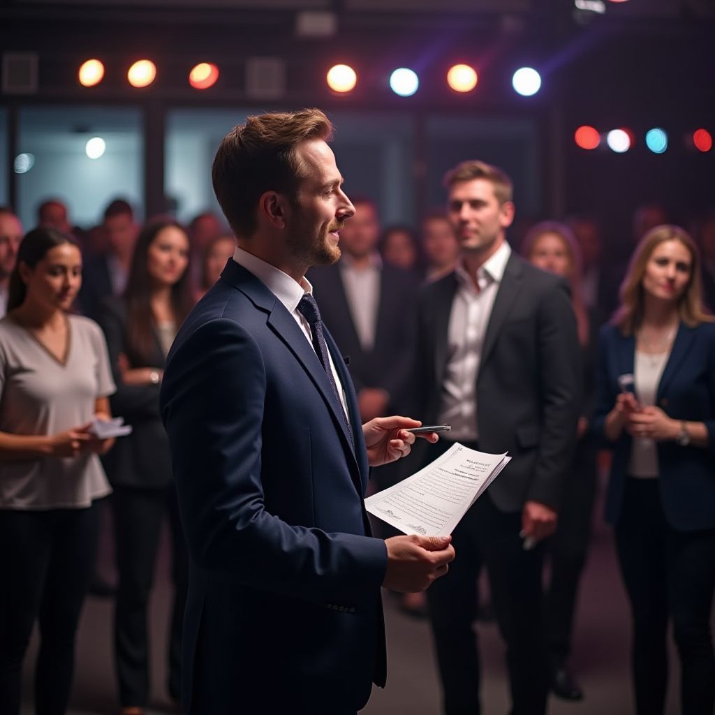 A presenter in a suit holding notes addresses a crowd of professionals in a dimly lit hall with stage lights.