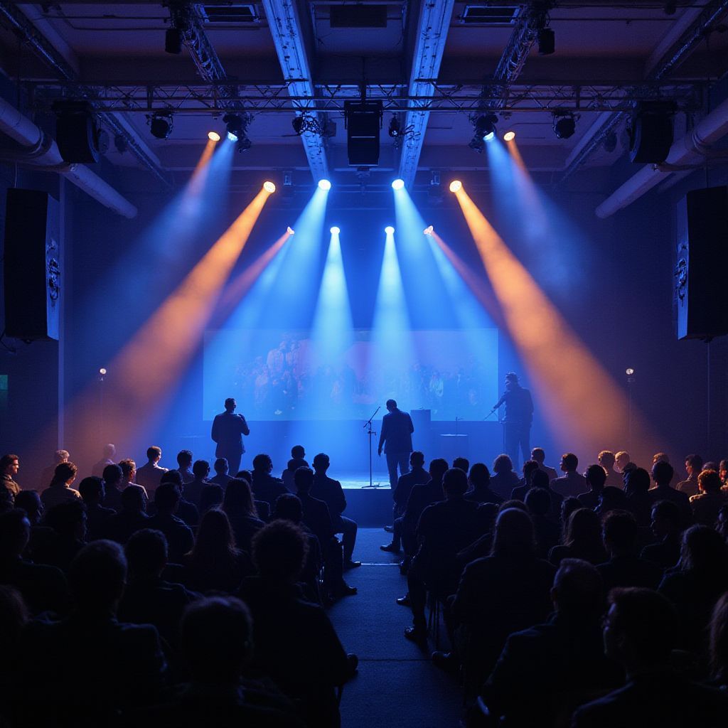 Three figures stand on a brightly lit stage before a seated audience in a dark, blue-toned auditorium.