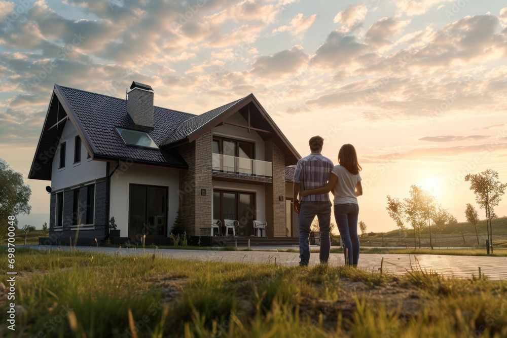 Couple regardant une maison au coucher du soleil ; champ, arbres et lac visibles.