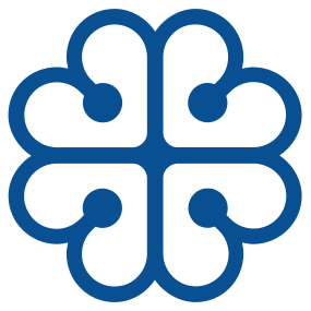 A blue and white icon of a four leaf clover on a white background.