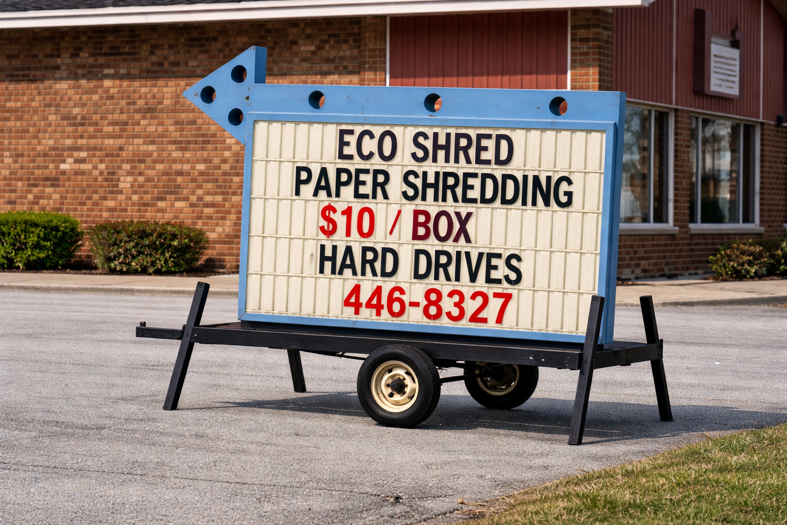 Eco Shred Lafayette Drop-Off Sign - Secure shredding $10 per box, no appointment needed Monday-Thursday.
