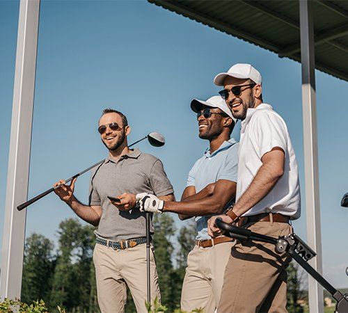 Golf Clubs — Three Smiling Men in Sunglasses Holding Golf Clubs in Bethlehem, PA
