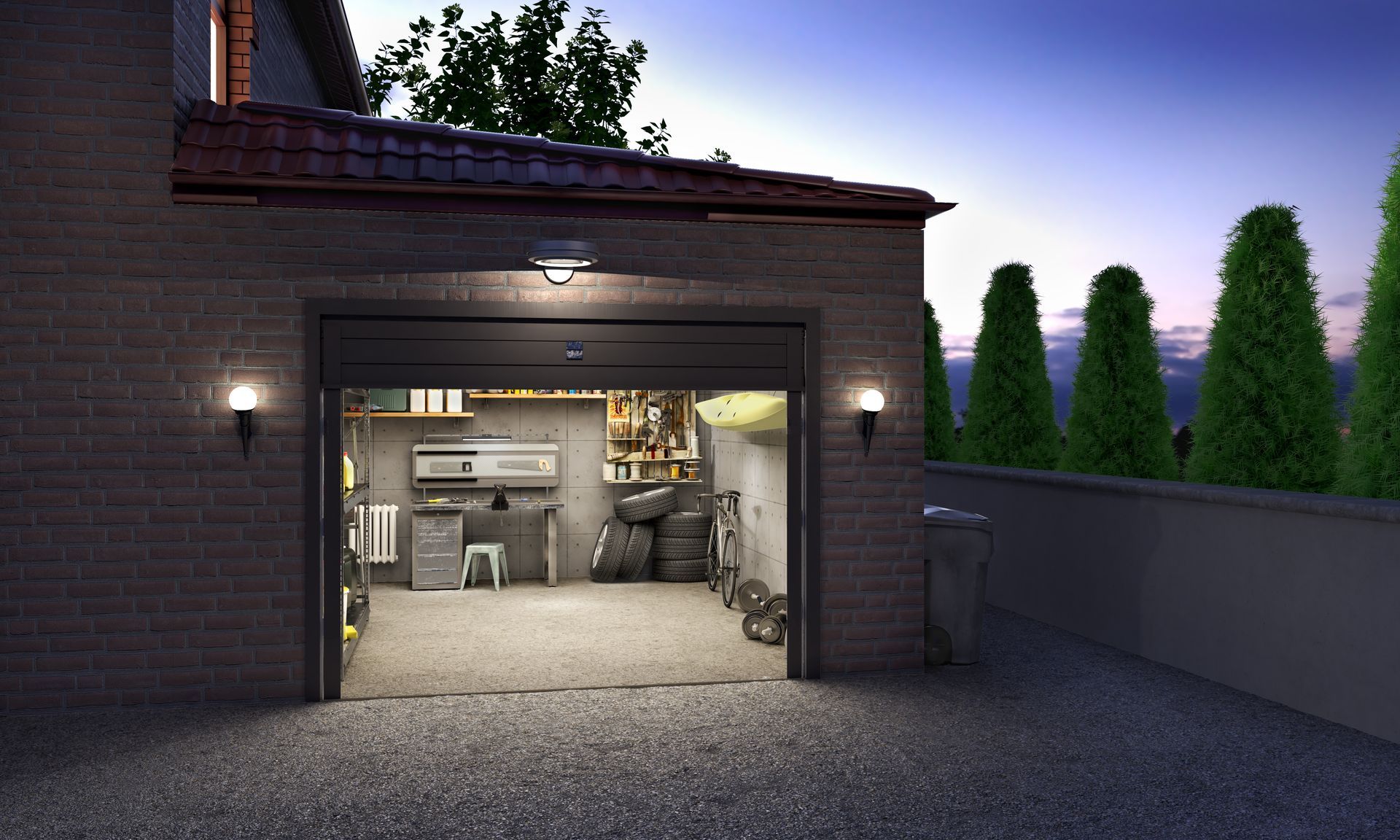 Garage with open door, lit interior. Exterior dusk, brick, bushes.