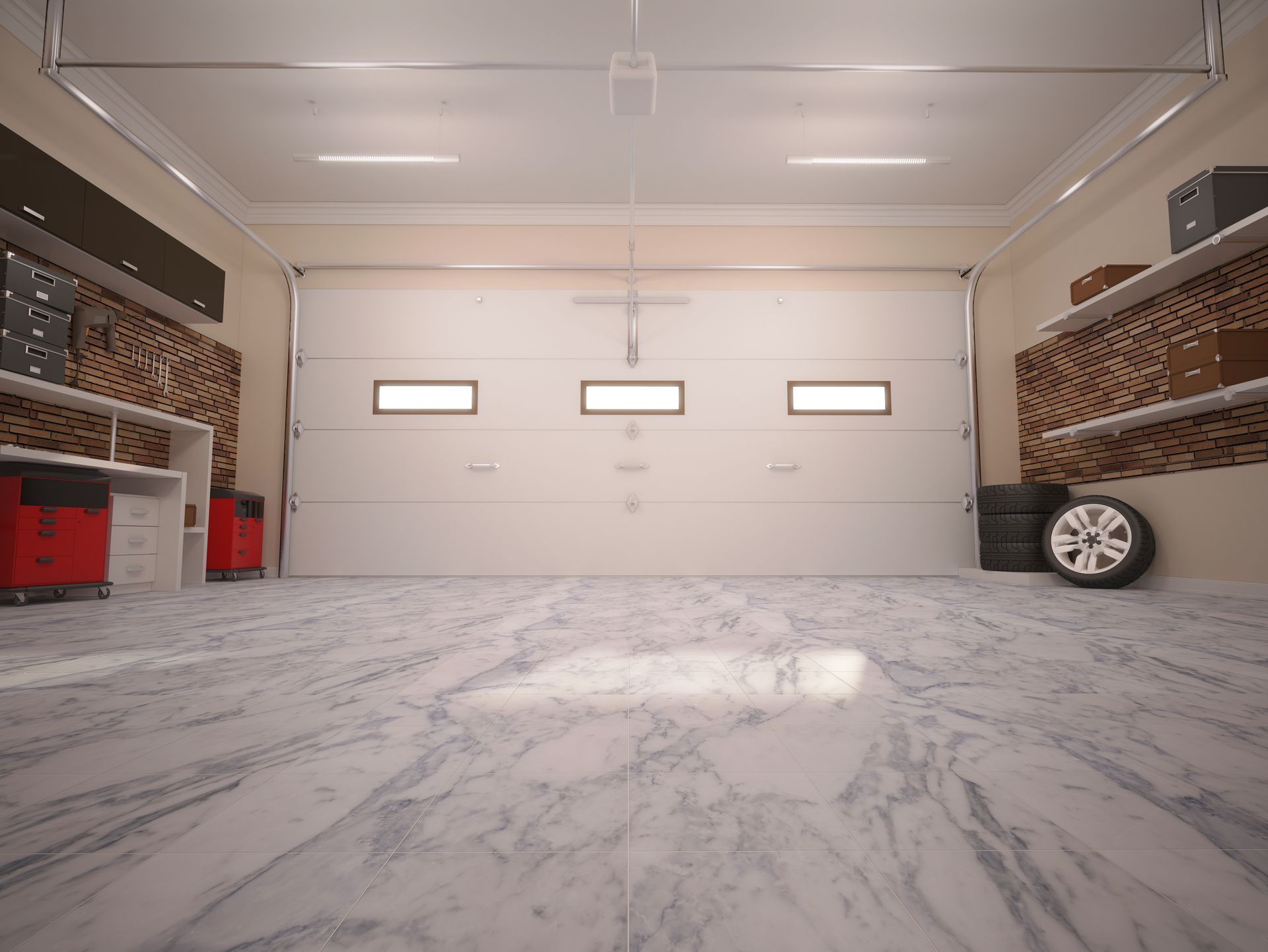 Empty garage with closed white door, concrete floor, and shelves with boxes.