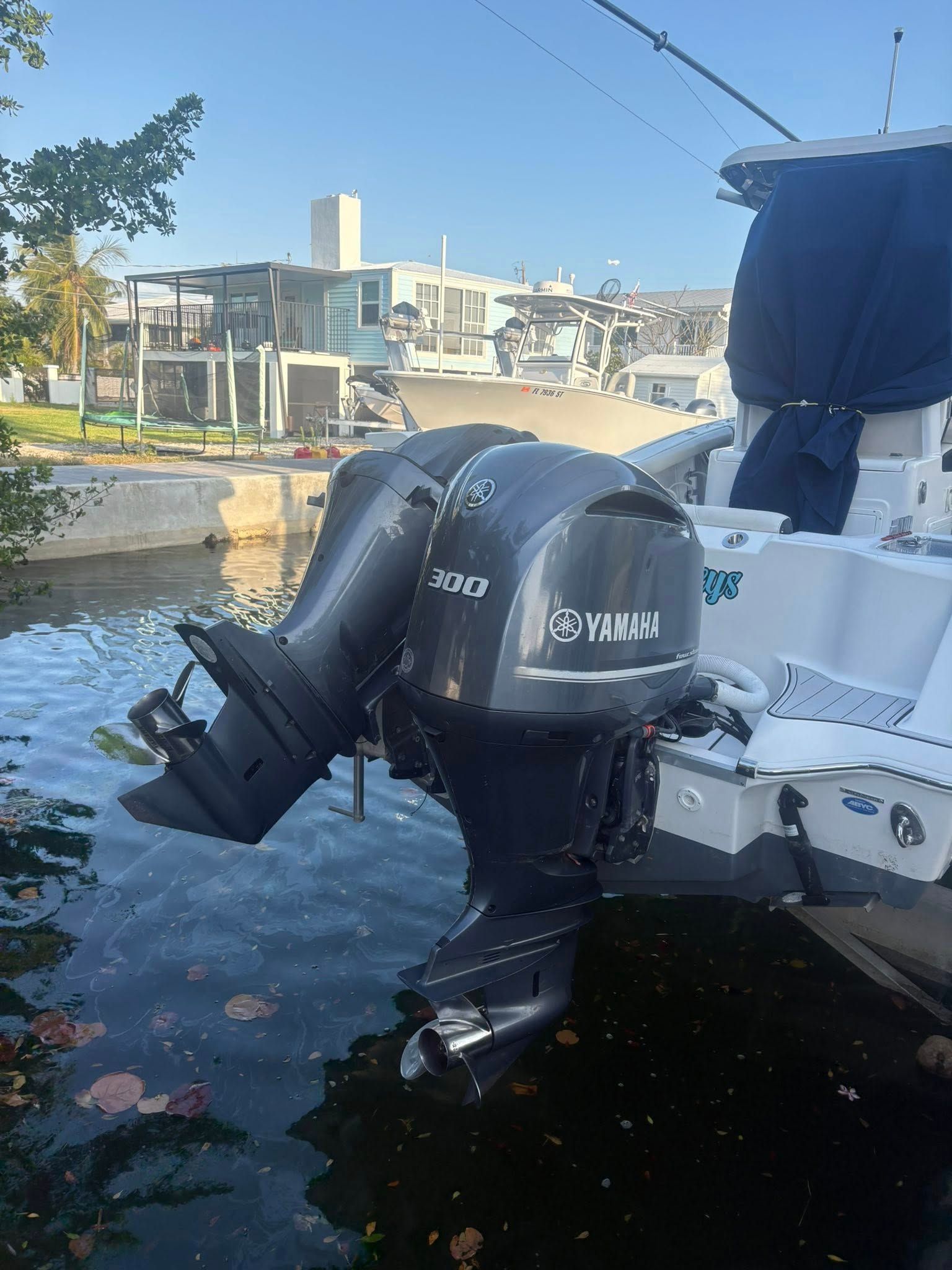 Twin outboard motors on a white boat at a marina, with calm water and docks in the background.