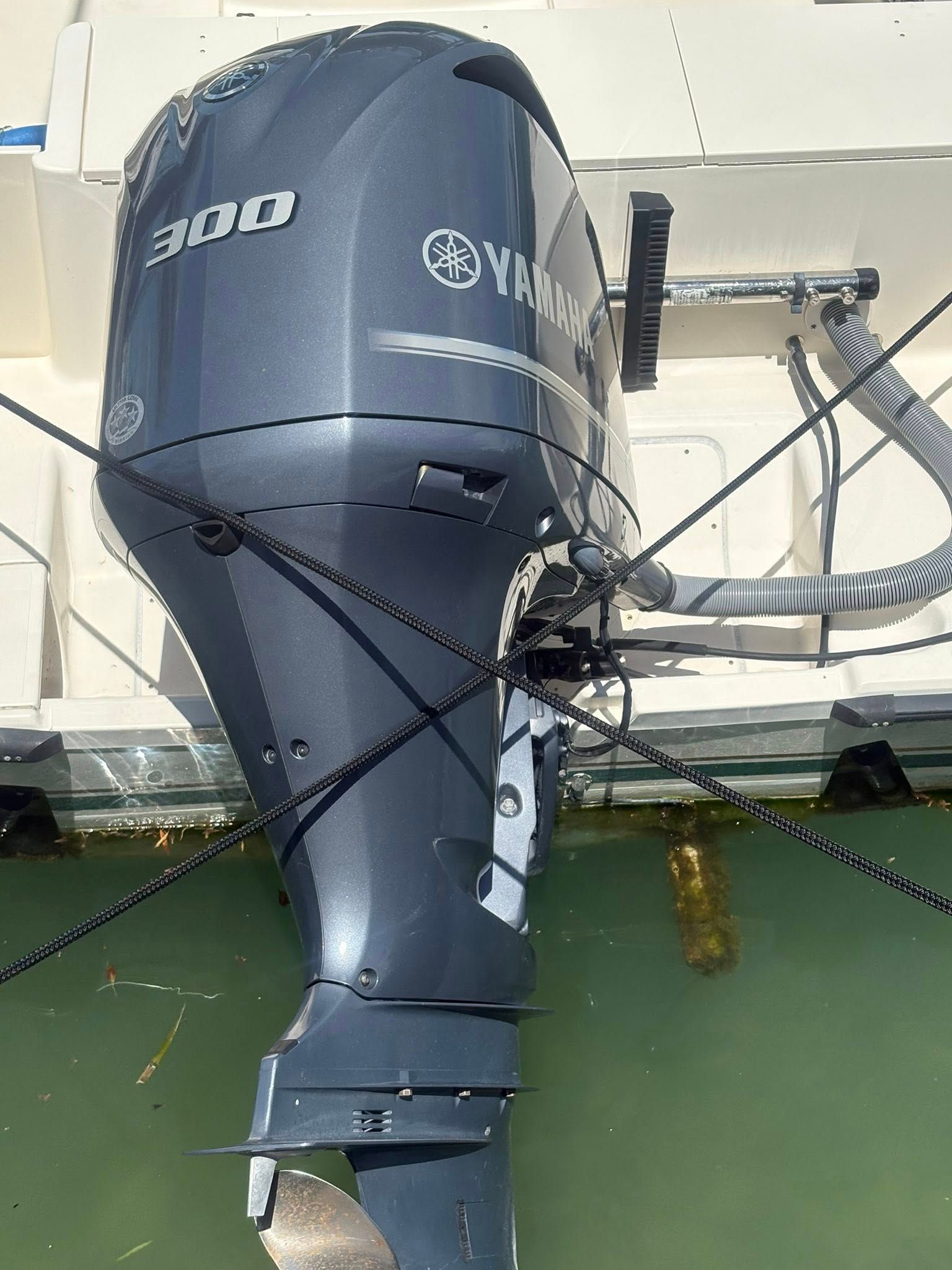 Close-up of a Yamaha outboard motor mounted on a boat at a dock.