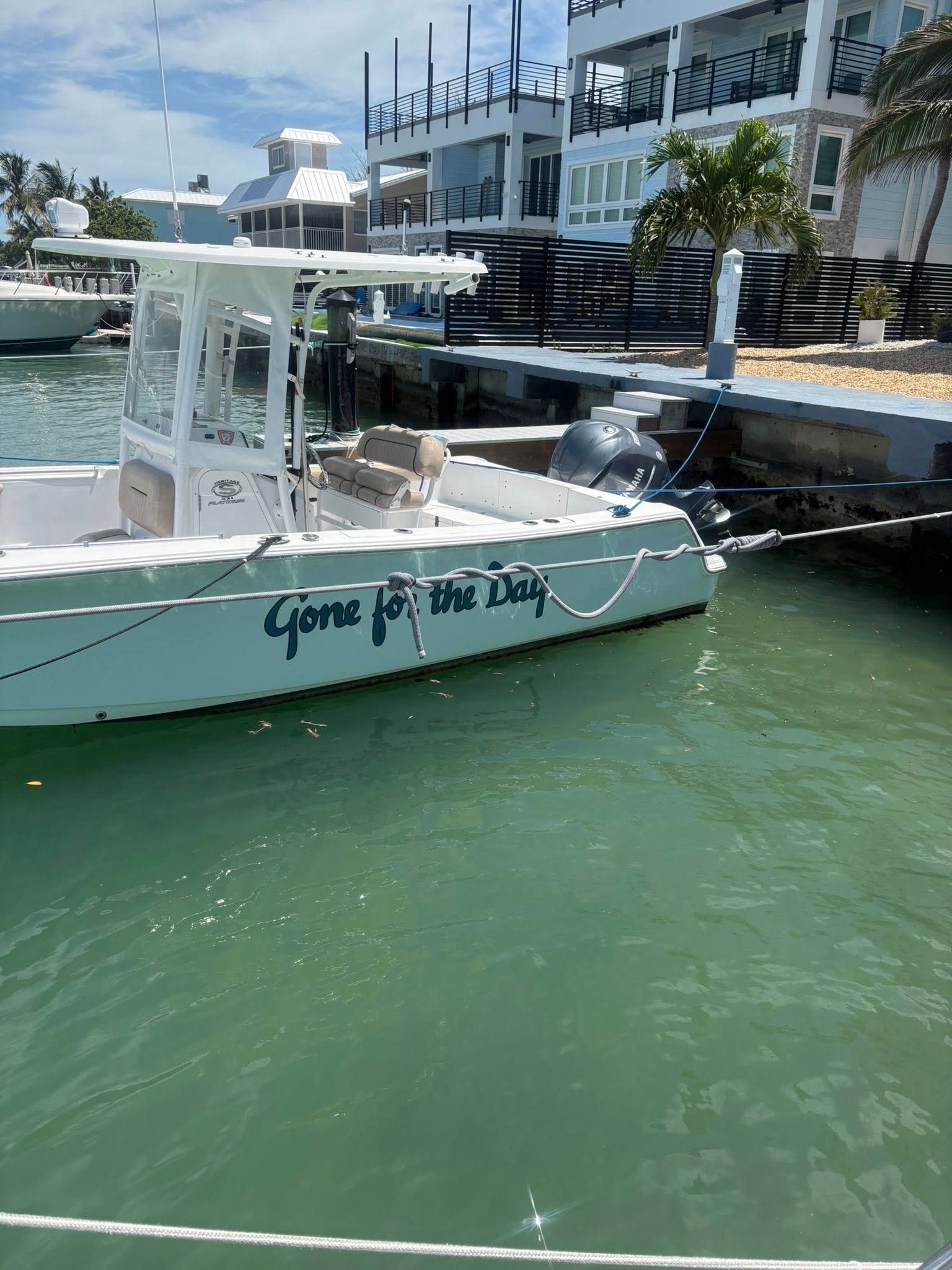 White boat named “Queen of the Bay” docked in green water near waterfront buildings and palm trees