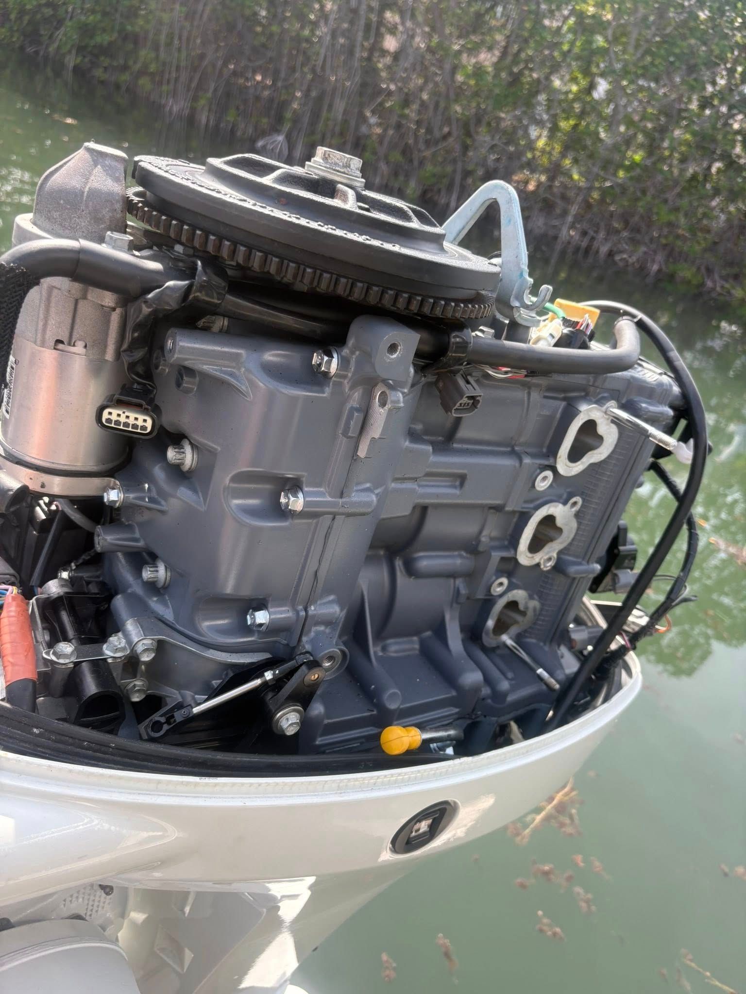 Boat engine mounted on the stern, with dark gray components and cables above green water