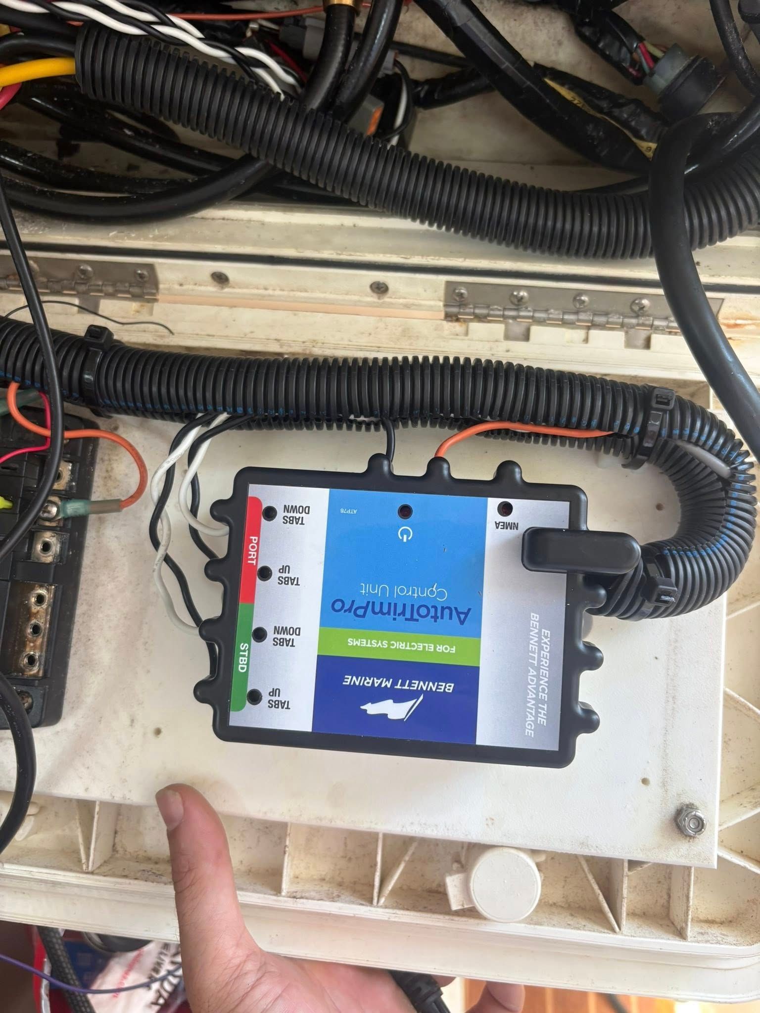 Blue marine battery charger mounted in a boat, with red and black wires and wiring loom visible