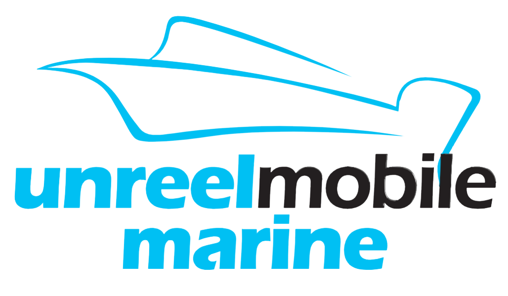 Unreel Marine logo with blue boat outline and blue-black text on white background