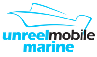 Unreel Marine logo with blue boat outline and blue-black text on white background