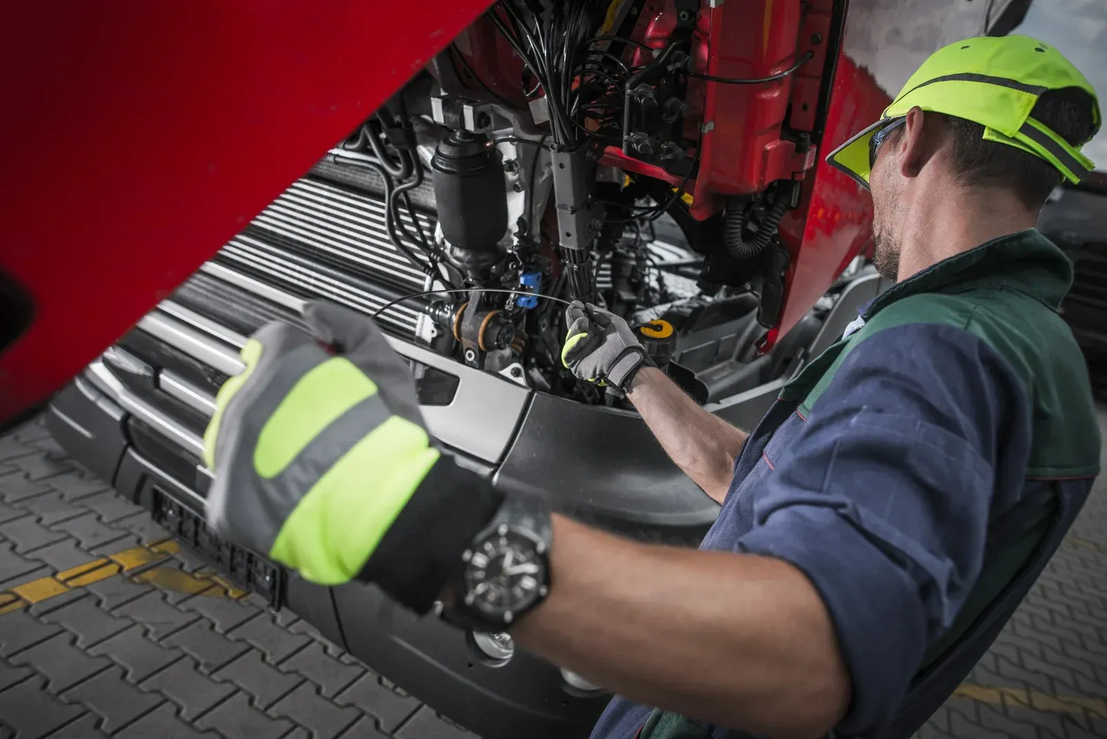 A man is working on the underside of a truck.