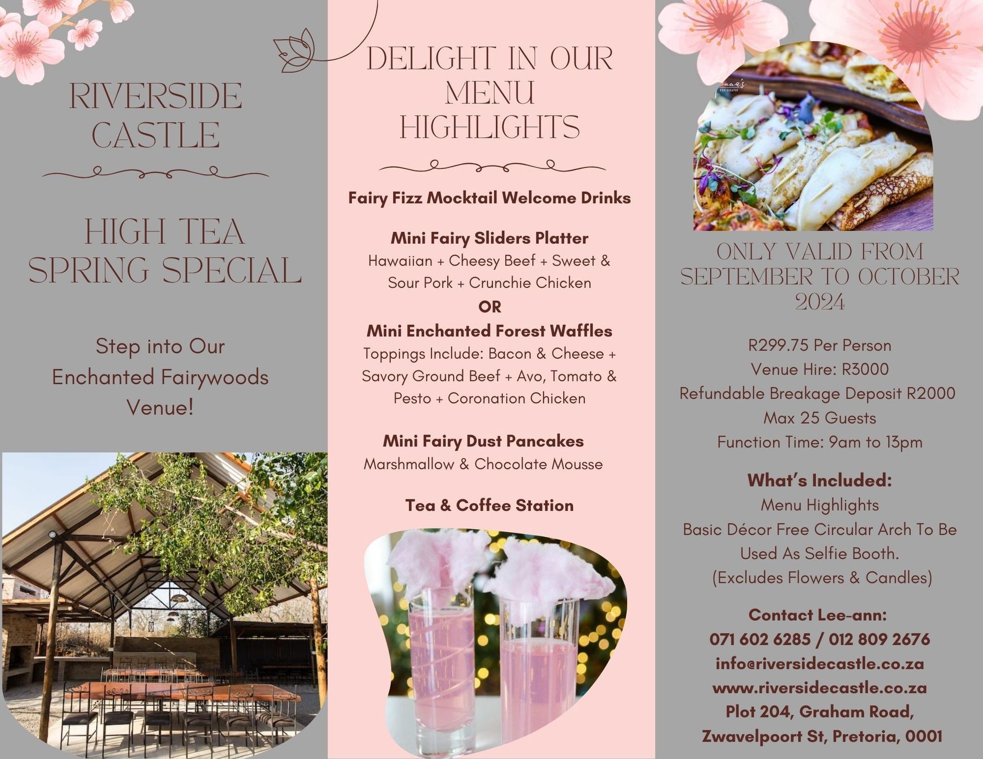 A brochure for a riverside castle high tea spring special.