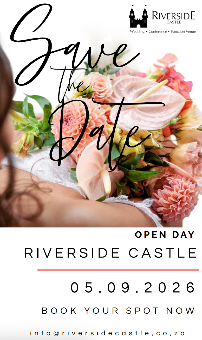 Save the Date announcement for a Riverside Castle open day on 05.09.2026, featuring a floral bouquet and contact email.