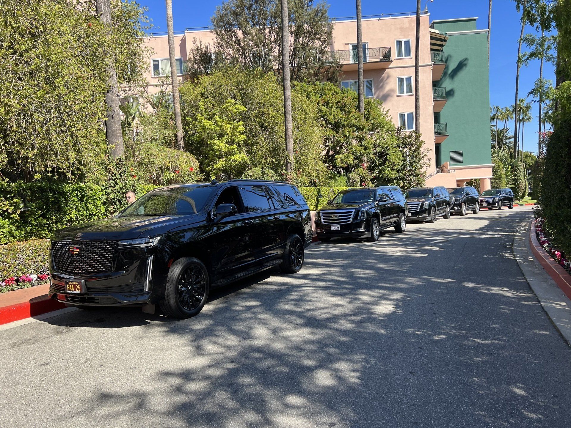a row of black cars are parked on the side of a road .