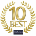"10 Best" logo with golden text and laurel wreath, black box states "2017-2018".