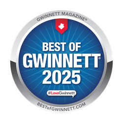 A blue circular badge reading "Best of Gwinnett 2025," featuring a red Gwinnett county outline icon and #LoveGwinnett.