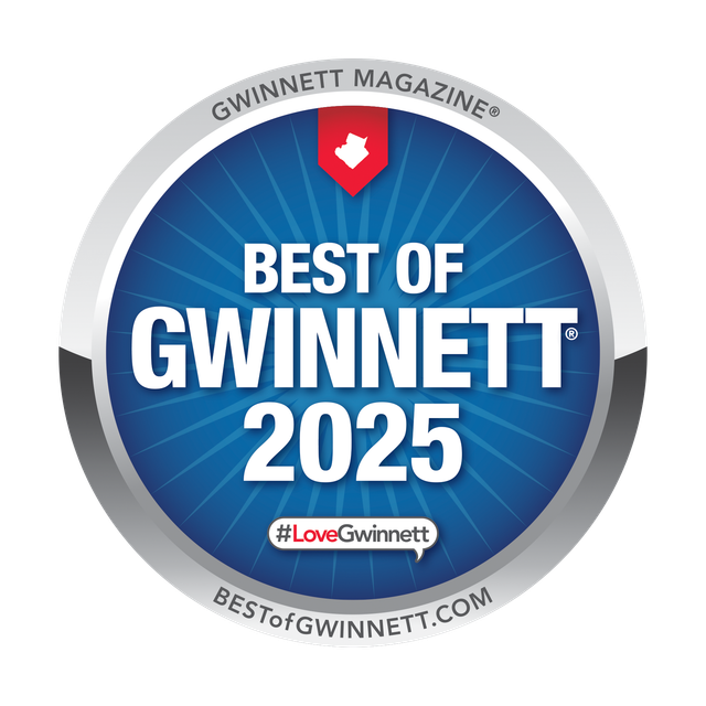 A blue circular badge reading "Best of Gwinnett 2025," featuring a red Gwinnett county outline icon and #LoveGwinnett.