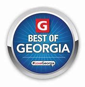 "Best of Georgia" circular emblem featuring a white "G" on a red square against a blue sunburst background.